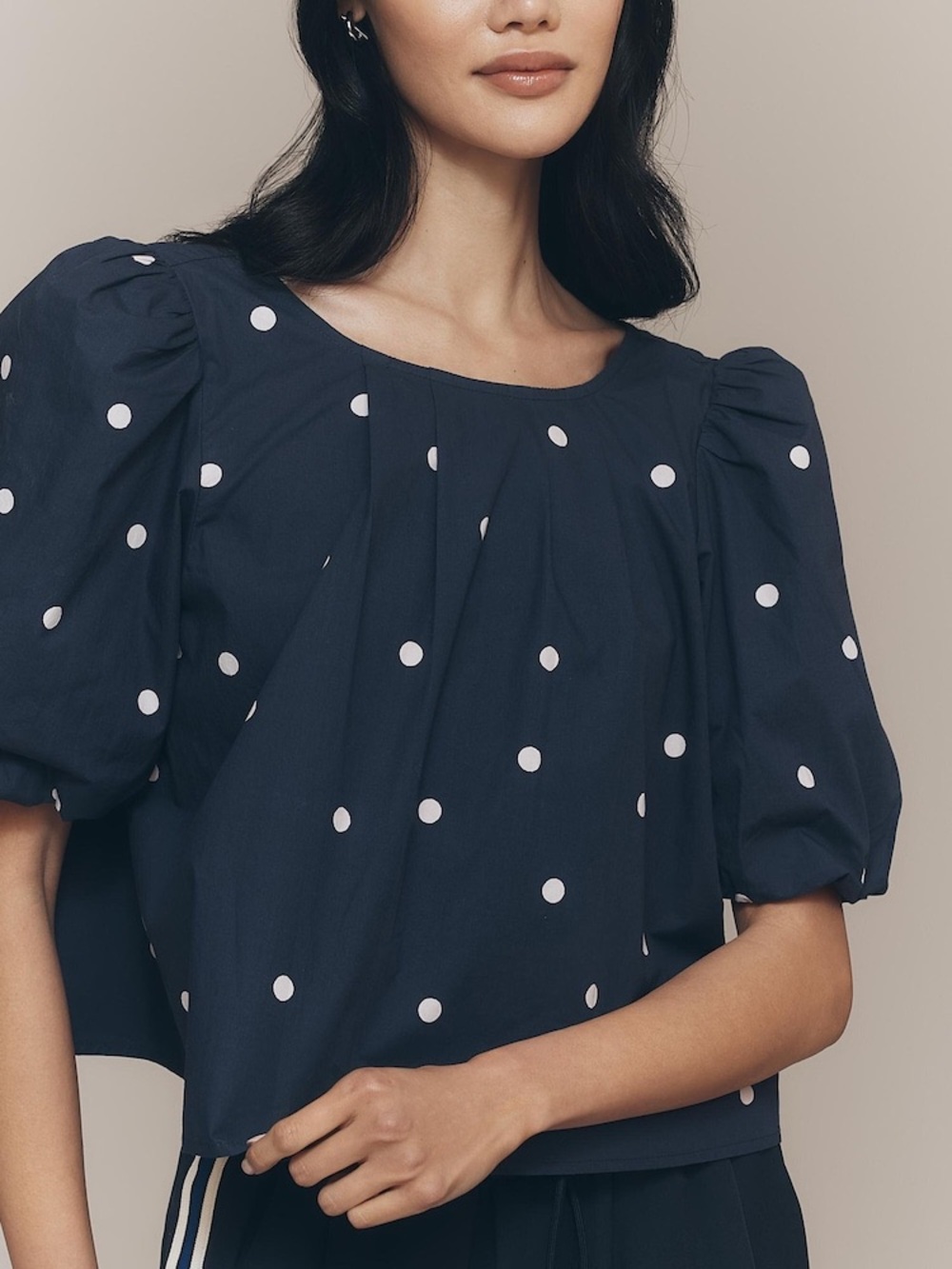 Maeve Anthropologie Navy Blue Polka Dot Puff Sleeve Swing Blouse Size Small